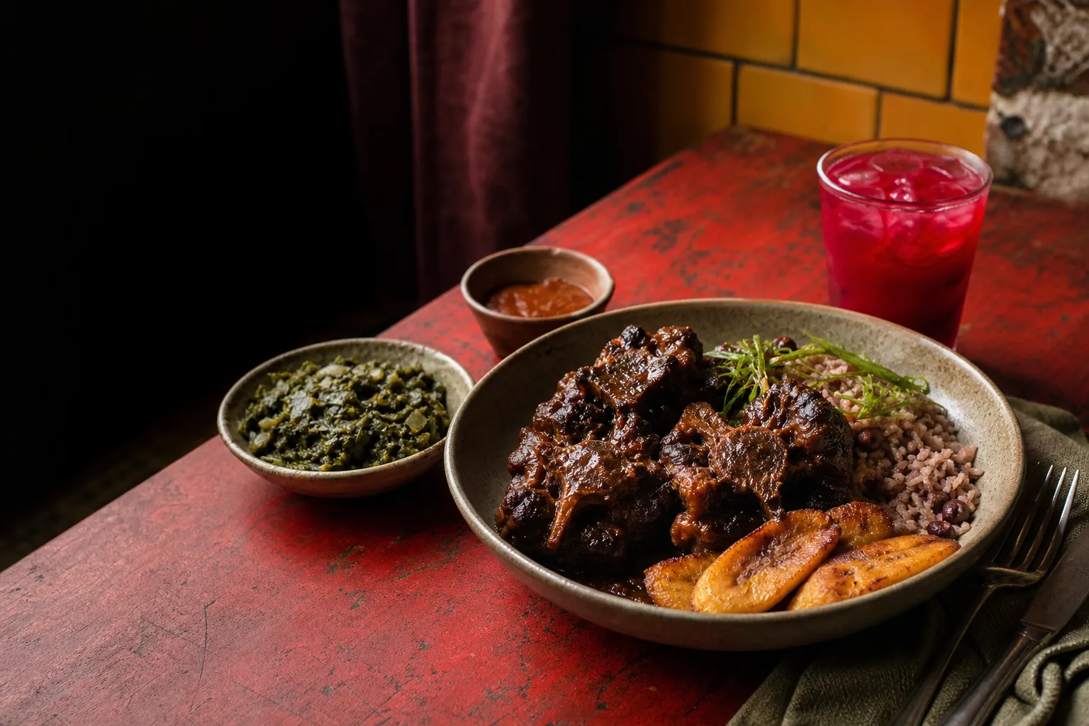 Concept food image of braised oxtail, rice and peas, plantain, greens and fruit punch